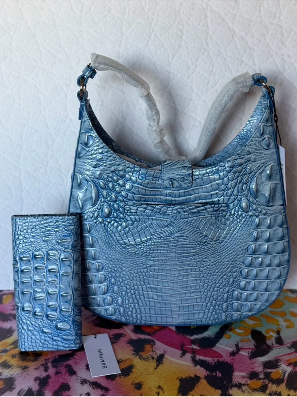 SET Brahmin Fallon Aura Blue Shoulder Bag leather Sky Blue & Wallet NWT